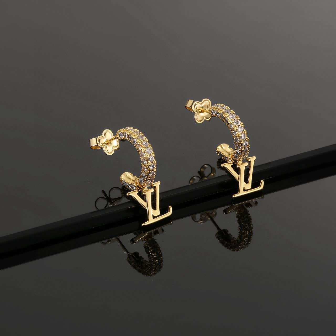 Louis Vuitton Gold Tone Crystal Hoop Earrings